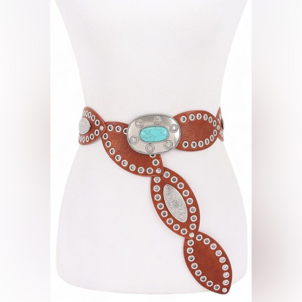 Vegan Leather Western Concho Statement Belts with Turquoise Accents
